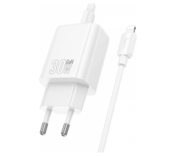 Slika izdelka: Hoco polnilec N63 GaN PD 30W USB-A, Type C s kablom Type C na Lightning za iPhone - bel
