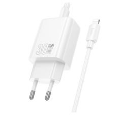 Slika 2 izdelka: Hoco polnilec N63 GaN PD 30W USB-A, Type C s kablom Type C na Lightning za iPhone - bel
