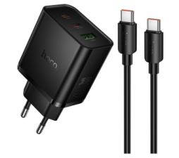 Slika 2 izdelka: Hoco polnilec N75 GaN PD 65W 1x USB A in 2x Type C s kablom 1m Type C za Samsung, Apple - črn